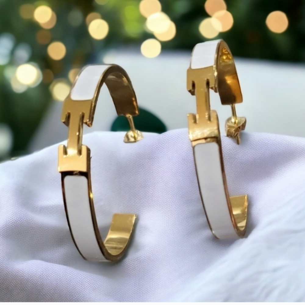 18k Gold Plate White Enamel Luxury Designer H Hoop Earrings
